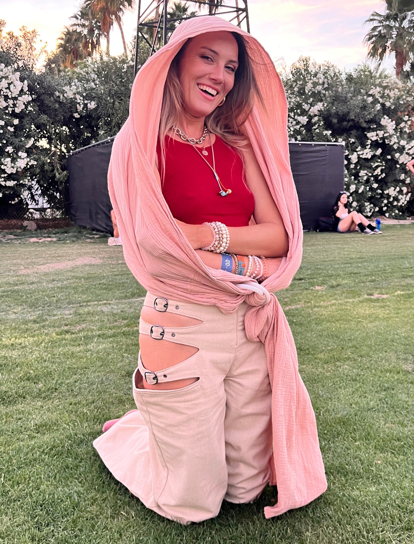 BLUSH SUNCHILD SLING BEING USED BY NATALIE AS SHADE AT THE COACHELLA MUSIC FESTIVAL